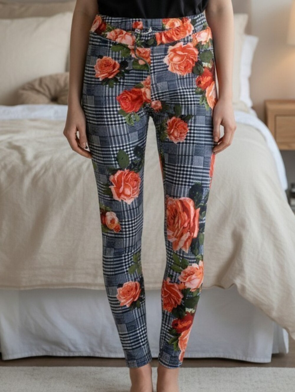 End Green Floral Plaid Leggings Size Small (Check Msmts) Rose Print Stretch Pant